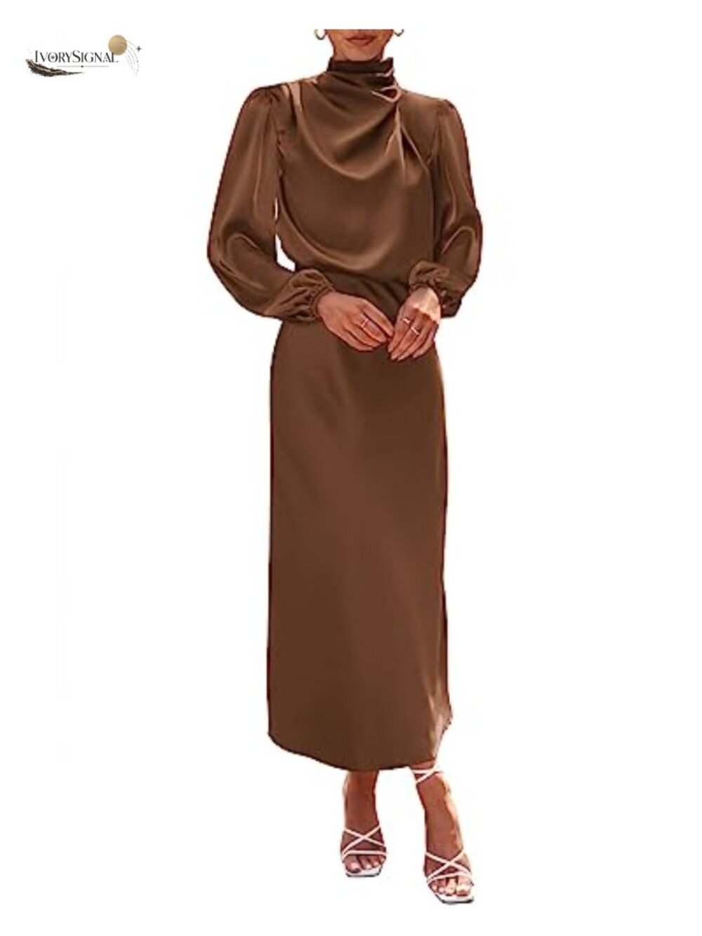 Mock Neck Satin Maxi Dress Long Sleeve High Waist Formal